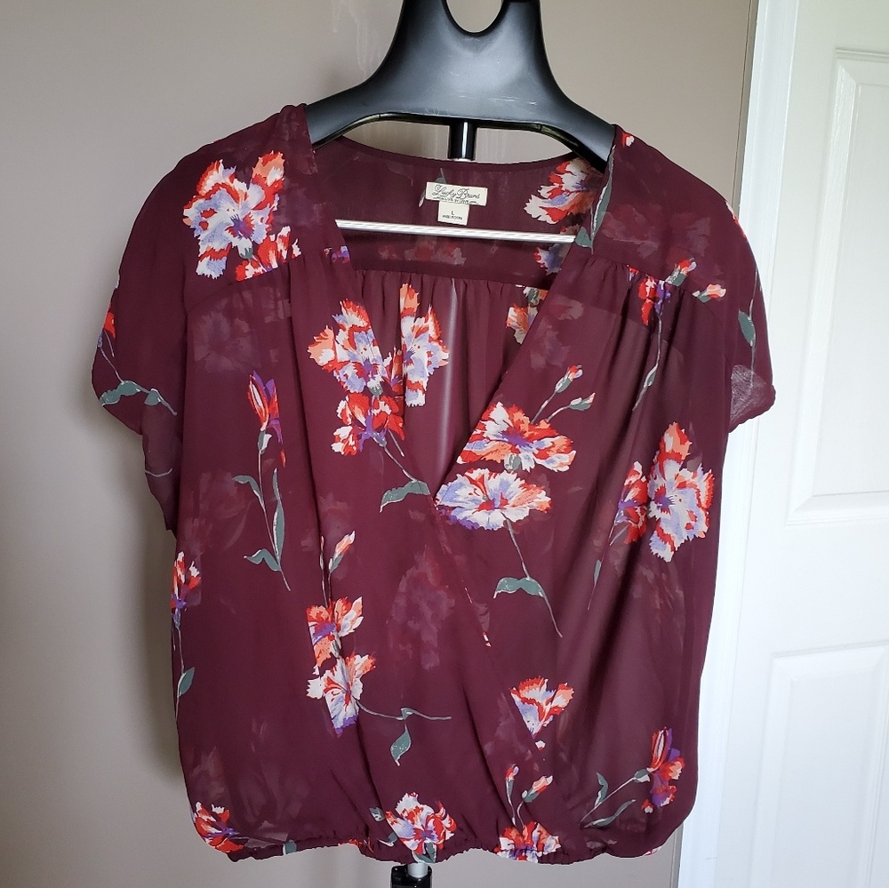 Sheer maroon floral top from Lucky Brand, Size L